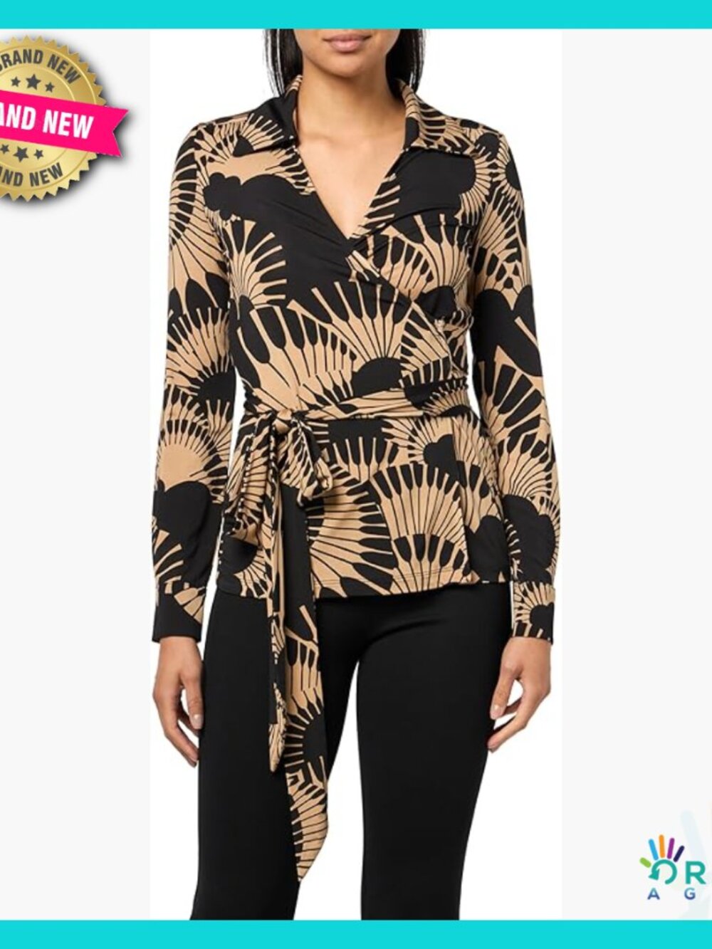 Printed Jersey Tunic Top Long Sleeve Wrap Front Tie Belt Elegant Chic